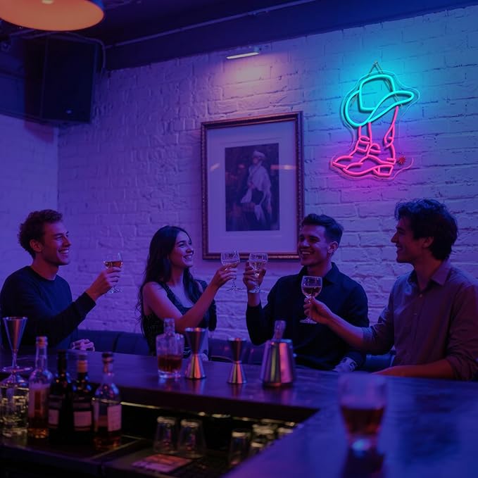 WLHOPE Cowboy Boot and Hat Neon Signs for Wall Decor Adjustable LED Lights Decorations for Bar Party Club Man Cave Living Room Bedroom, Get Your Space Shine Day and Night