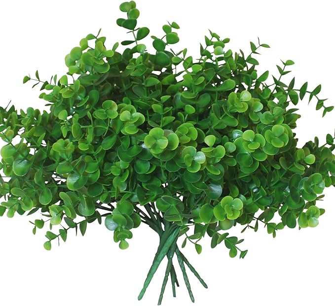 alyptus Artificial Boxwood Plants Outdoor 8 Bundles Faux Eucalyptus Flowers Green Bushes Plastic Greenery Stems for Home Garden Farmhouse Patio Front Porch Decor (Eucalyptus)