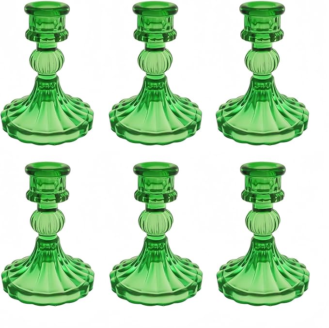 Glass Candlestick Holder,Striped Taper Candle Holders,Set of 6 Candle Stand for Table Centerpieces, Home Decor,Weddings,Festival and Parties (Green Stripe Pattern)