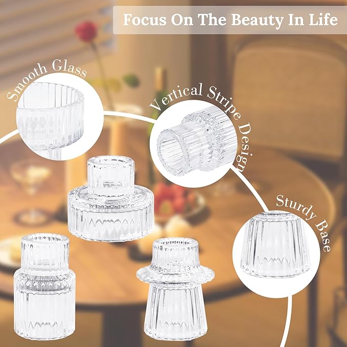 Candlestick Holders Set of 3, Ribbed Glass Taper Candle Holders, Reversible Clear Tealight & Candle Stick Candle Holder Vintage Crystal Tealight Candle Holder for Wedding Dinner Party