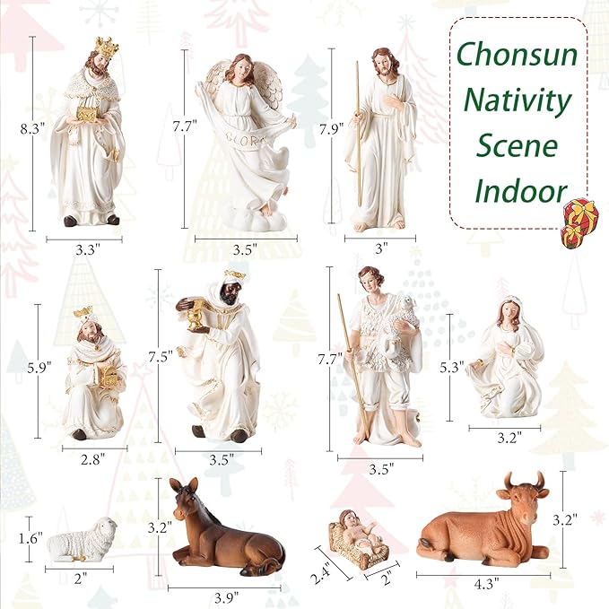 Nativity Set 8.3 Inch 11 PCS Large Christmas Village Nativity Scene Indoor Collectible Bulidings Nativity Sets & Figures Vintage Xmas Holiday Decorations Displays for Room Desktop Decor