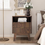 Nightstands with Charging Station, Modern Fluted 2 Drawers End Tables, Side Tables with Storage Shelf for Bedroom, Office, Walnut