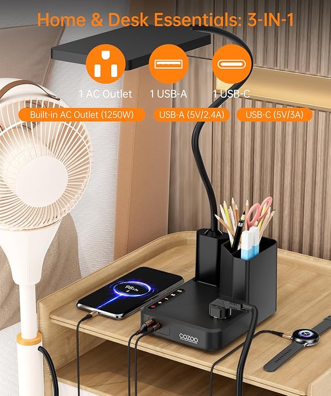 Desk Lamp, COZOO LED Desk Lamps for Home Office with USB Charging Port/Outlet/Organizer,Desk Lamp for College Dorm Eye-Caring Study Light,Gooseneck Table Lamp with Pen Holders/Storage,9 Lighting Modes