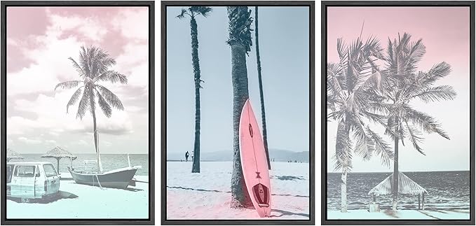 SIGNWIN Framed Canvas Print Wall Art Set Vintage Retro Hawaiian Island Hut Surfboard Nature Wilderness Photography Modern Art Landscape Relax/Calm for Living Room, Bedroom, Office - 16"x24"x3 Black