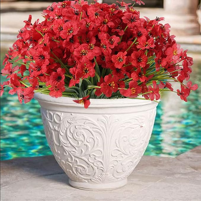 20 Bundles Artificial Flowers for Outdoors, UV Resistant Fake Flowers with Plastic Plants, Faux Silk Flowers for Planter outdoors, Fake realistic flowers For Window Box Front Porch Patio Decor-Red