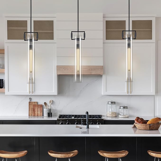 Modern Black Kitchen Island Pendant Light,21.6'' 1-Light Glass and Brass Island Pendant Lights,Farmhouses Pendant Light, for Kitchen,Dining Room,Bathroom