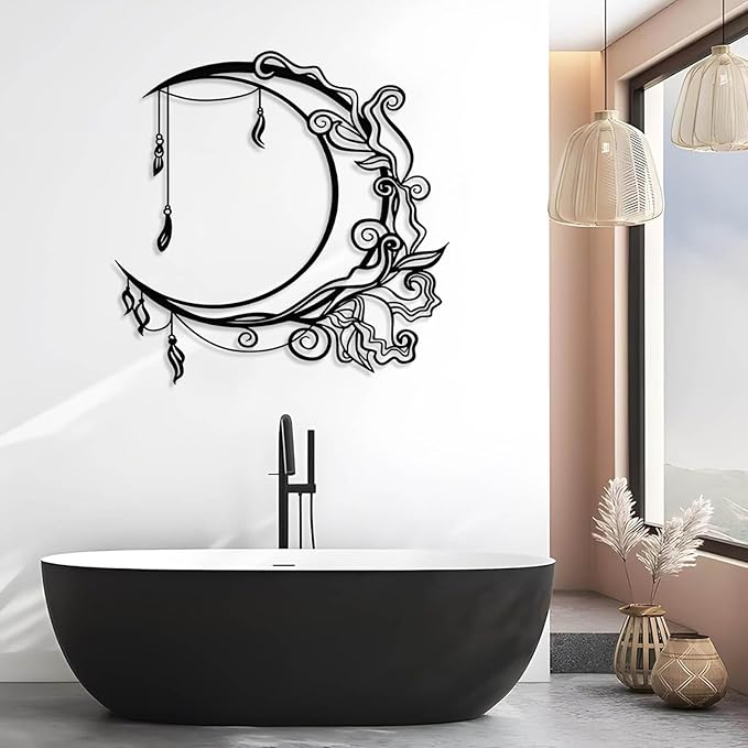 Jogwenu Moon Floral Metal Wall Decor, Moon Metal Wall Decor, Celestial Wall Art, Boho Wall Art, Floral Wall Hanging, Boho Room Decoration, Living Room Bedroom Wall Hanging (Black, 31"x31"|80x80cm)