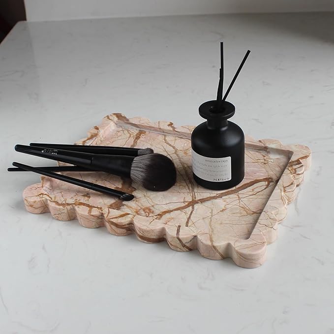 Natural Luxury Scalloped Marble Tray 10.8"x8", Rectangle Vanity Tray for Bathroom Kitchen Counter, Decorative Tray for Dresser Home Decor (Pink Marble)