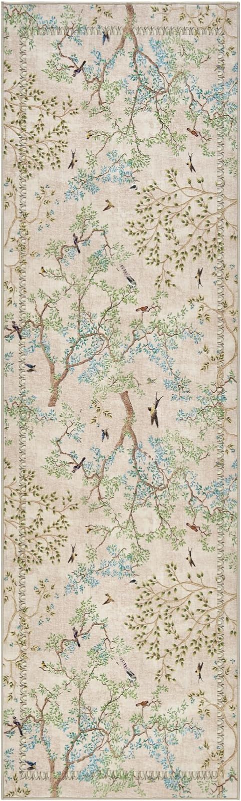 jinchan Beige Botanical Birds 3x8 Runner Rug for Hallway - Washable Non-Slip Soft Nature Plants Modern Kitchen Runner Carpet Vintage Ultra-Thin Low Pile Rug for Entryway Living Room Kitchen Laundry