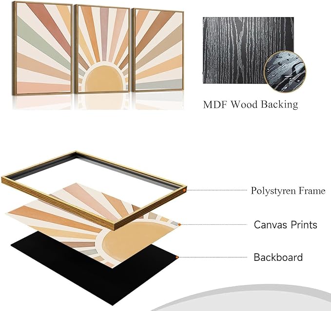 Bwodke Boho Wall Art, Framed Abstract Wall Art, Sun Rising on the Horizon Neutral Canvas Wall Decor, Mid Century Geometric Pictures Set of 3, Minimalist Paintings, for Bedroom Living Room Bathroom 12"x16"