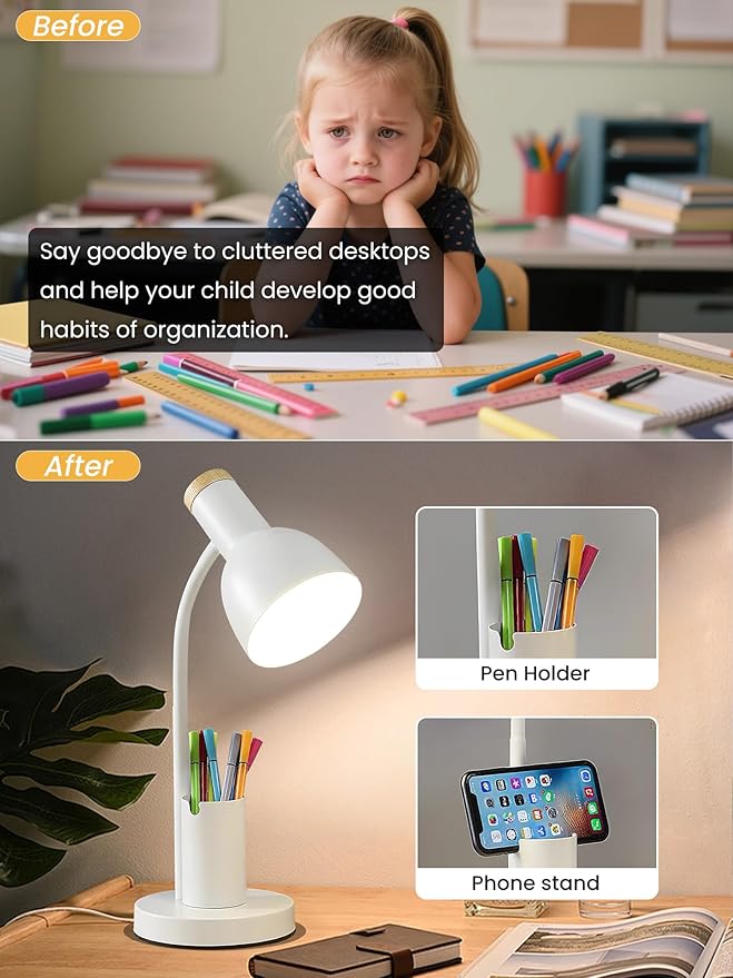 LED Desk Lamp with Pen Holder, Eye-Caring Desk Light 3 Color Modes Reading Light Flexible Gooseneck Metal Study Lamp, Cute Table Lamps for Home Office Bedside Dorm(White lamp)