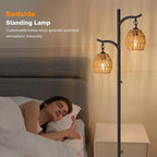 9MMML Rattan Floor Lamp for Living Room, Boho Floor Lamp with 2 Hanging Rattan Lamp Shade, 67'' Farmhouse Dimmable Black Standing Lamp with Rotary Switch for Bedroom, 2 x 800LM LED Bulbs Included