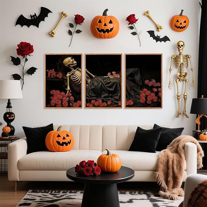 Aurlan Gothic Skeleton Roses Framed Wall Art(16"x24"), 3PCS Romantic Halloween Skull Flowers Canvas Artwork, Dark Moody Goth Mystical Creepy Decor for Home Office Bedroom