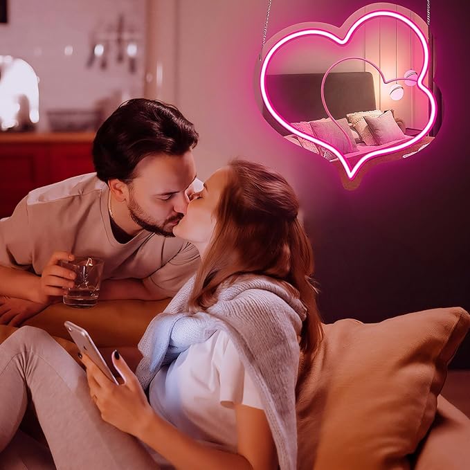 Pink Heart Acrylic Mirror Neon Signs,Dimmable Heart Shaped Mirror with Neon LED Lights,USB Powered Neon Sign Wall Decor Art Neon Light For bedroom,Family,Wedding,Bar,Party Decor