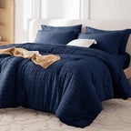 MUXHOMO 7 Pieces King Comforter Set, Seersucker Bed in a Bag King Size, All Season Luxury Bedding Set with Comforter, Flat Sheet, Fitted Sheet, Pillowcases & Shams, Navy Blue
