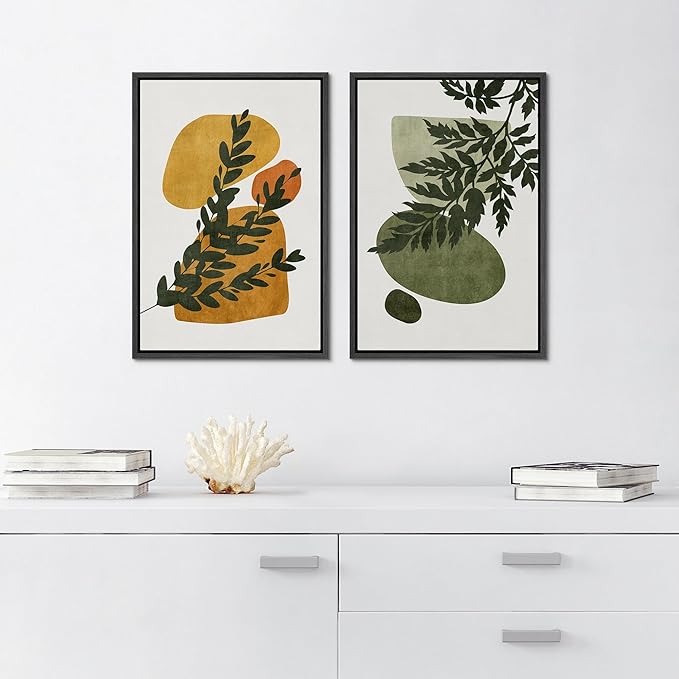 SIGNFORD Framed Canvas Print Wall Art Set Mid-Century Forest Fern Leaf Collage Abstract Shapes Illustration Modern Art Decorative Nordic Nature for Living Room, Bedroom, Office - 16"x24"x2 Black