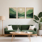Celestdeco Watercolor Mountains Framed Canvas Wall Art Set, Boho Sun Forests Wall Decor, Green Scenery Wall Painting, Modern Woodland Artworks for Living Room, Bedroom, Dining Room, Office - 16"x24"x3