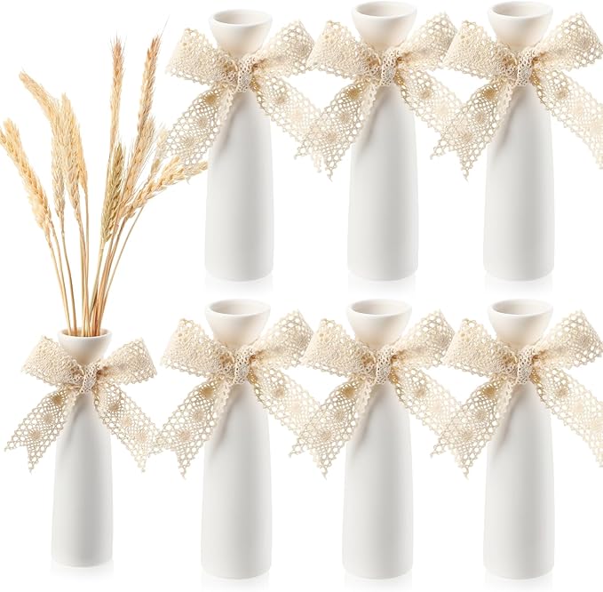 6 Pcs Ceramic White Vases for Home Decor with Cotton lace and Rope 7.09 inch Tall Vases for Centerpieces Modern Floral Vase Wedding Party Event Home Office Decoration