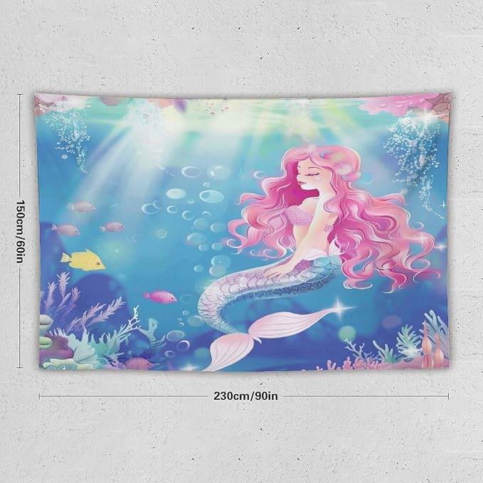 HZOHNAGO Mermaid Girls Tapestry Watercolor Mermaid Princess Pink Hair Pattern for Kids Room Decoration Printed Wall Tapestry Wall Hanging for Bedroom Living Room Dorm 90" W x 60" H