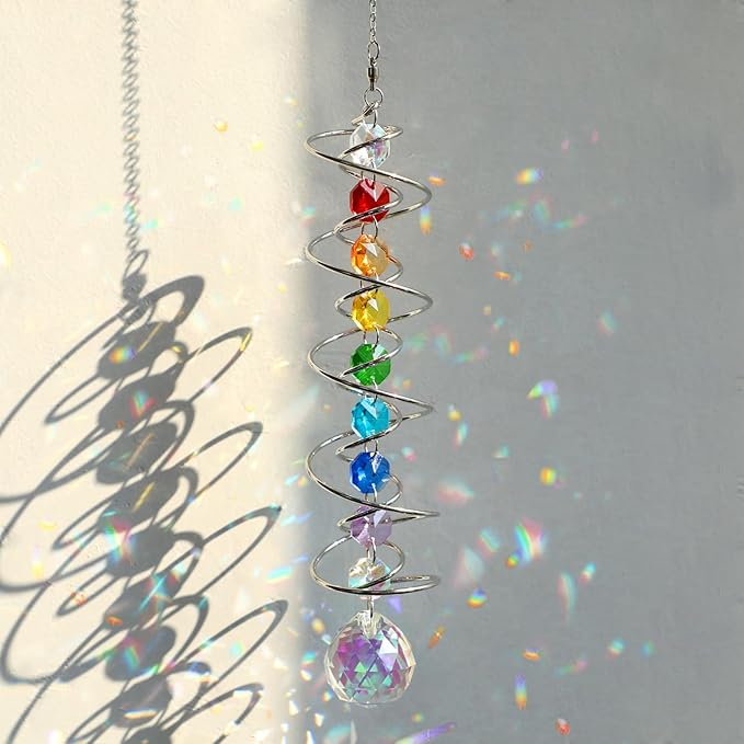 Suncatcher Wind Spinner Gazing Ball Spiral Tail, Crystal Sun Catchers with Seven Chakra Beads Window Hanging for Indoor Home Outdoor Garden Decor Wedding Birthday Party Gifts for Girl Women Mom