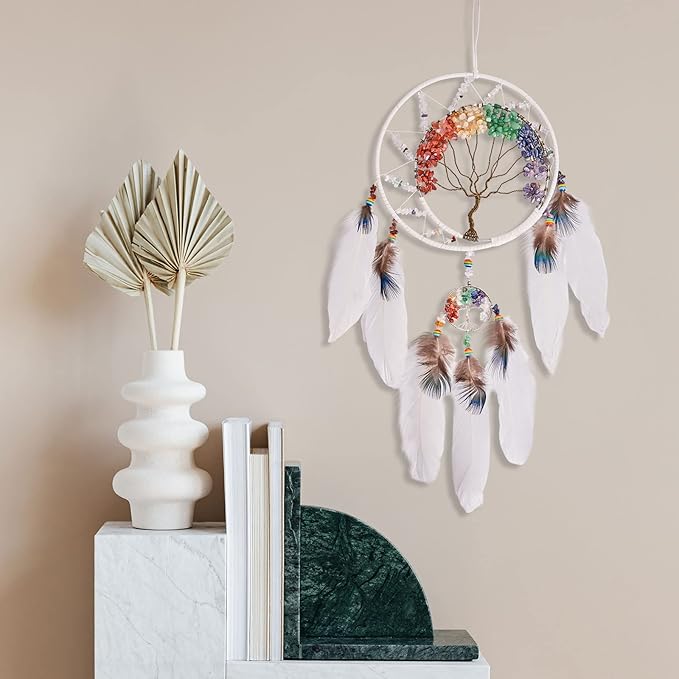 7 Chakras White Tree of Life Dream Catchers Wall Decor with Rainbow Healing Crystal Stone Handmade Art Feather Dreamcatcher Wall Hanging Ornament for Bedroom Decor Blessing Gift Wedding Party-23.6"