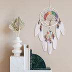 7 Chakras White Tree of Life Dream Catchers Wall Decor with Rainbow Healing Crystal Stone Handmade Art Feather Dreamcatcher Wall Hanging Ornament for Bedroom Decor Blessing Gift Wedding Party-23.6"