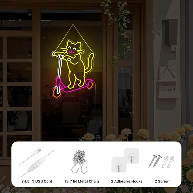 Cute Cat Neon Sign, Skateboard Neon Signs for Wall Decor Dimmable USB Room Decor for Teen Girl, Party, Bedroom, Pub, Furniture, Gifts for Birthday, Christmas (Skateboard Cat-Yellow)
