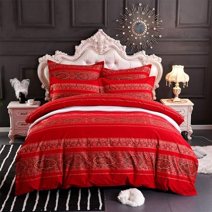 ABREEZE Twin Duvet Covers, Bohemian Retro Bedding Set, Coloful Mandala Down Comforter Cover, Boho Floral Style Quilt Cover, 100% Brushed Cotton, 1 Duvet Cover and 2 Pillow Shams,Red
