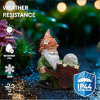 Solar Garden Gnome Statue with Crackle Glass Globe Lights, Waterproof Outdoor Decor for Patio, Lawn, or Yard, Whimsical Housewarming Gift(Green Gnomes)