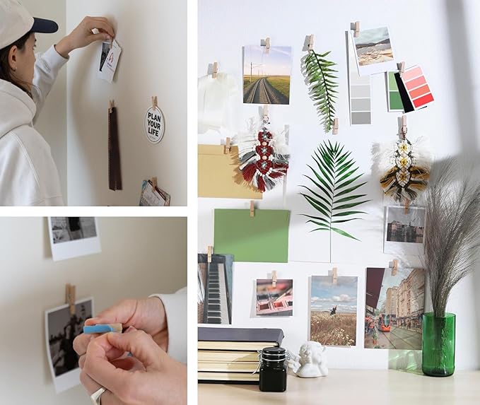 20 Pack Mini Self Adhesive Clips for Pictures - Beige Wood Clip Photo Holders for Wall, Poster Hanger, Photo Cards Hanging Display Board & Picture Boards, Artwork Photos Holders Hangers Room Decor