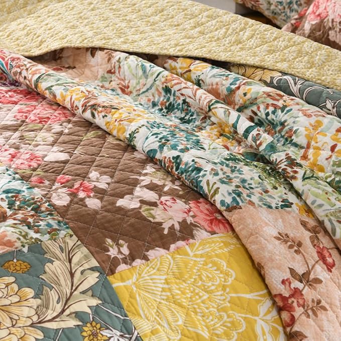 ENASAL Cotton Bedspread Quilt Sets Reversible Bedding Coverlet Sets Luxury Vintage Rustic Gorgeous Paisley Floral Yellow Real Patchwork Bedspread, King Size