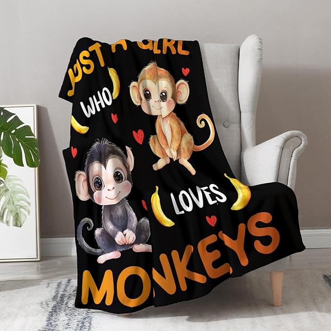 Monkey Blanket Gifts for Girl Woman - Just A Girl Who Loves Monkeys Cute Animal Lovers Throw for Teen Kids Adults Soft Fleece Cozy Bed Couch Decor Birthday Christmas Lightweight Blanket 50"x60"