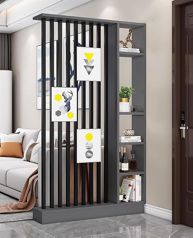 Wall Room Divider, Storage Cabinet Storage Display with Shelves, Modern Freestanding Wood Room Divider Screen, Wall Privacy Screens for Home Decorative (Grey+Black,47" L x 9.5" W x 79.5" H)