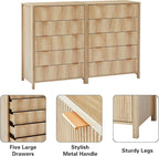 5 Drawer Double Dresser for Bedroom, Modern Wide Chest of Drawers with Fluted Panel Design,Wood Storage Dressers Chest of Drawers for Bedroom Living Room Hallway Closet,Natural,2 Sets