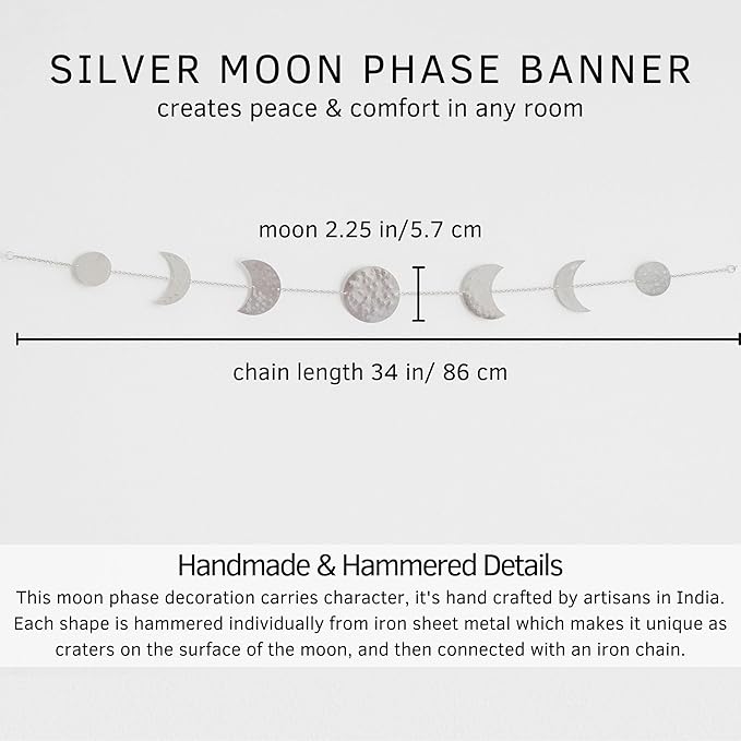 BASE ROOTS Moon Phase, Silver Wall Decor for Bedroom & Living Room, Bohemian Wall Decor, Handmade Hammered Metal 34" 7 Phases Moon, Celestial Wall Art, Gift for Women & Kids