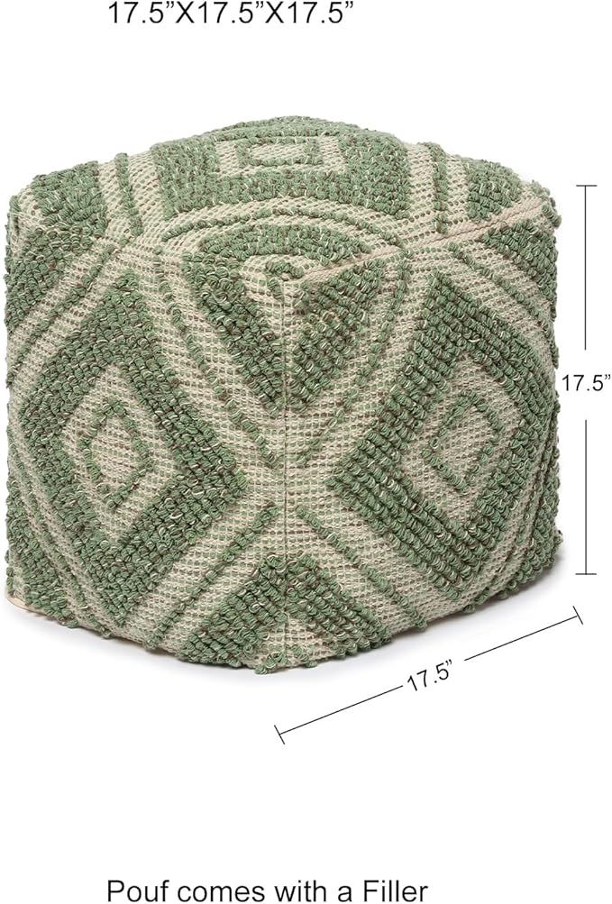 REDEARTH · Tufted Pouf Ottoman with Filler Textured Storage Cube Bean Bag Pouffe Footrest for Living Room, Bedroom, Nursery, Kidsroom; 100% Cotton (17.5"X17.5"X17.5", Solitaire Lozenge Kiwi)