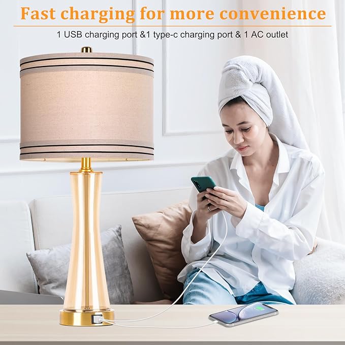 27.4''Table Lamps for Living Room Set of 2，3-Way Dimmable Modern Glass Bedside Lamps with USB Ports，Tall Lamps for Night Stands，Touch End Table Lamps for Bedroom Desk Lamps for Home Office（Glod）