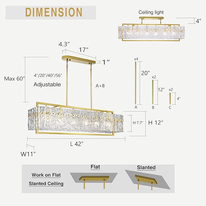 IKK Modern Rectangle Gold Crystal Chandeliers for Dining Room, 42" Large Rectangular Water Ripple Glass Island Light Fixture, Elegant Linear Lighting for Kitchen Island, Living Room, L42 x W11 x H12