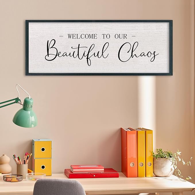 comurdyo Welcome To Our Beautiful Chaos Wall Decor Art 40"X15" for Home Entryway Sign Large Wood Framed Wall Hanging (Black)