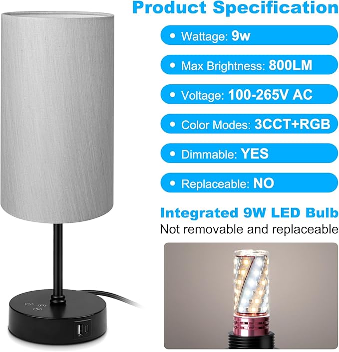 Unicozin Small Table Lamp, 7 RGB & 3 CCT 3000K/4500K/6500K, Stepless Dimmable Bedside Lamp with Grey Shade, Touch Control Ambience Nightstand Light for Living Room Dorm Home Decor Party