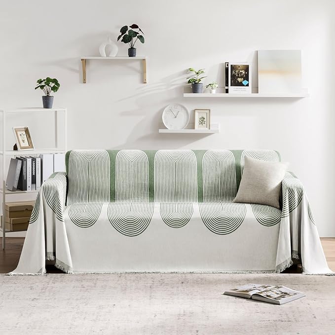 Couch Cover Boho for Dogs Washable Green Couch Covers for 2 Cushion Couch, Chenille Sectional Couch Covers L Shape Sofa Cover, Furniture Protector for Kids, Pets, Green 91" X118"