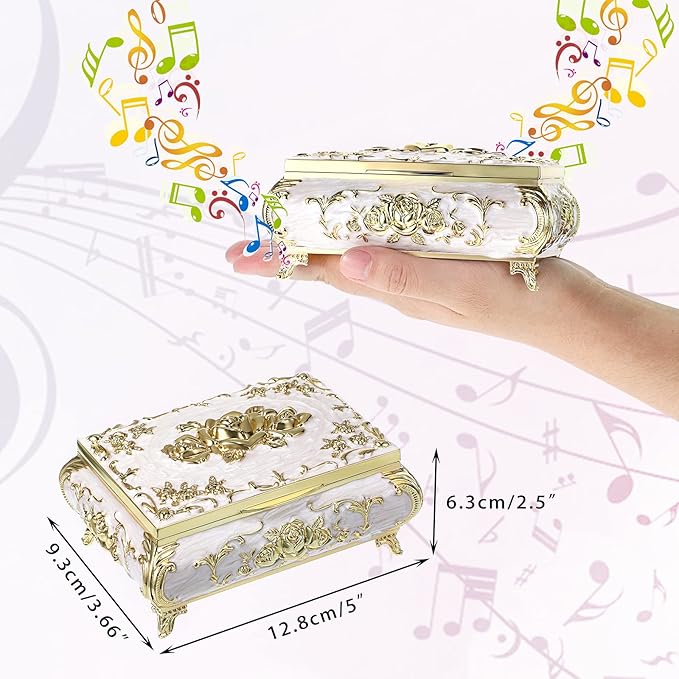 ELLDOO Vintage Music Box, Beige Metal Musical Jewelry Box Keepsake Box, Small Trinket Jewelry Storage Box Gift for Girl Women (Tune: You are My Sunshine)
