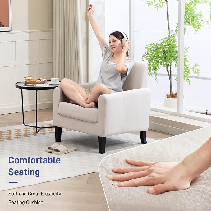 Accent Chair, Mid Century Modern Living Room Chairs Comfy Reading Chair with Upholstered Cushion Relax Armchair for Bedroom Apartment,Office,Begie