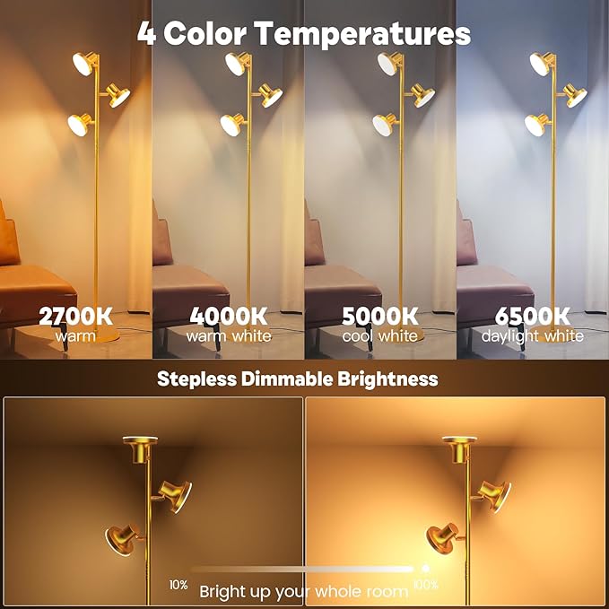 36W LED Tree Floor Lamp, Modern Dimmable Standing Lamp with Remote & Touch Control, 4 Color Temperatures, 3 Rotatable LED Light Floor Lamps for Living Room, Bedroom, Office