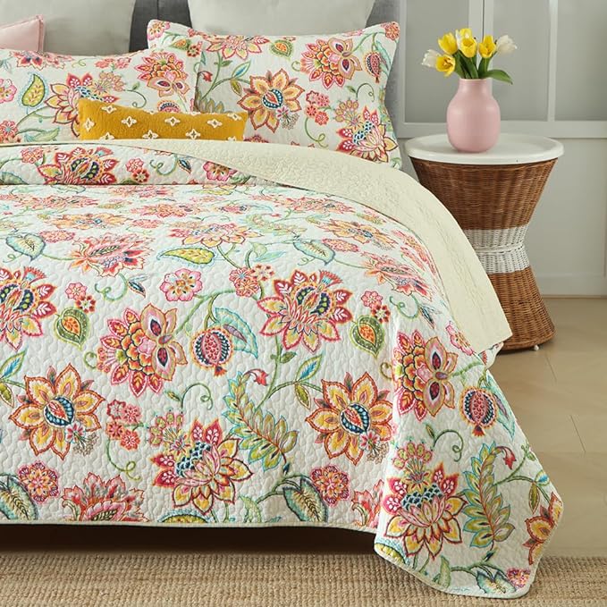 Cotton Bedspread Bedding Coverlet Quilt Sets, Reversible Vintage Branch Floral Bedspread comforters,(Vintage Floral White Pattern, King Size)