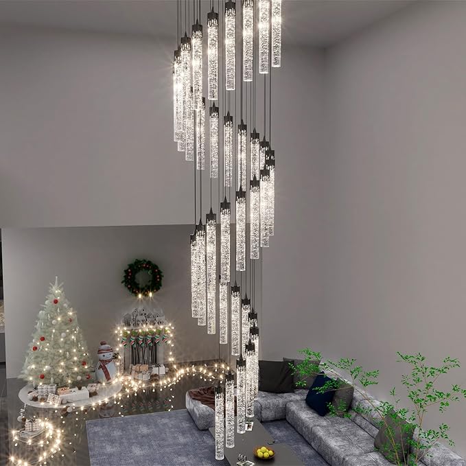 Black Chandeliers for Living Room 38-Lights Modern Crystal Light Extra Large Chandelier Light Fixture Entryway Foyer High Ceiling Chandelier Lighting with Sloping Ceiling