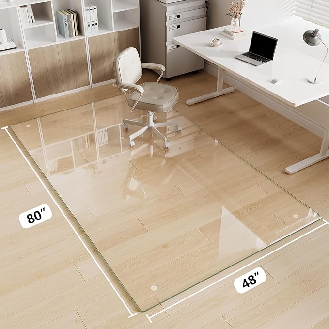 Glass Chair Mat 48" x 80" Heavy Duty Tempered Glass Mat, Office Glass Floor Mat with Round Corner and Polished Edge for Smooth Glide, Carpet Hardwood Floor Protector