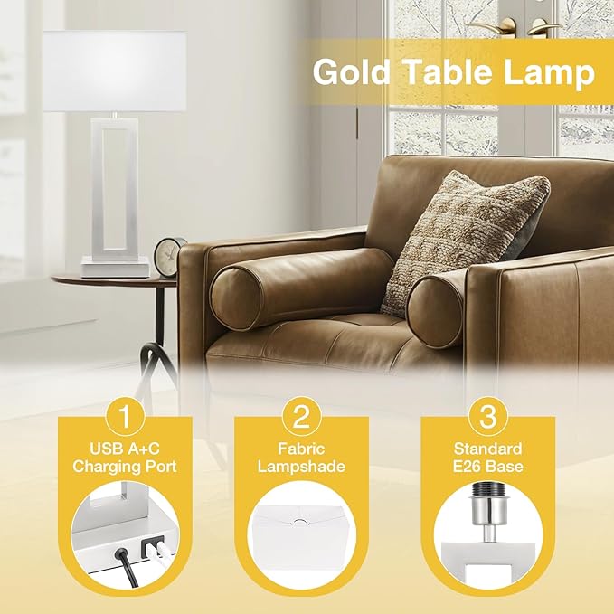 Seealle 22" Tall Bedroom Lamps for Living Room - Touch Brushed Nickel Bedside Lamps with USB C+A, 3 Way Dimmable Lamp for Nightstand, Modern Night Stands Lamps for End Tables(White&Silver)