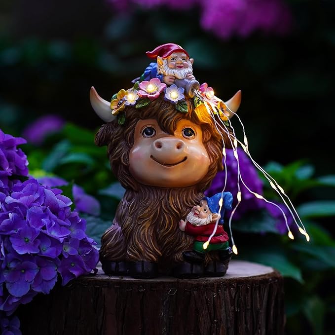 Solar Highland Cow Outdoor Statues for Garden: Outside Decor with Funny Gnomes Clearance for Yard Art Lawn Ornaments Porch Patio Balcony Home House - Birthday Gifts for Grandma Mom Women(Cow Gnome)