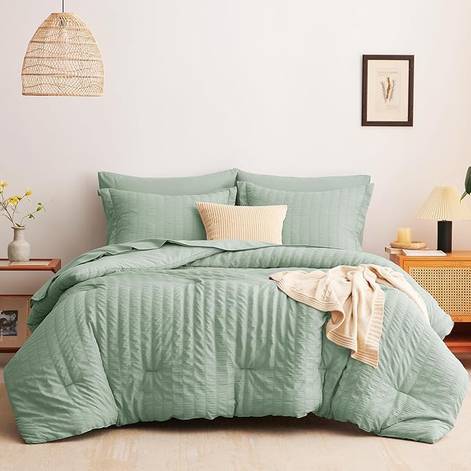 CozyLux Queen Comforter Set Sage Green Seersucker 7 Pieces Bed in a Bag Queen Comforter Set with Sheets Luxury Soft Bedding Set with Down Alternative Comforter, Sheets, Pillowcases & Shams All Season
